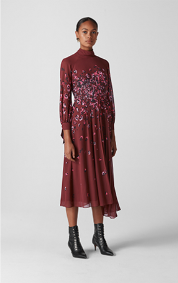 Whistles Leo Print Pleated Dress, Burgundy/Multi - Image 2