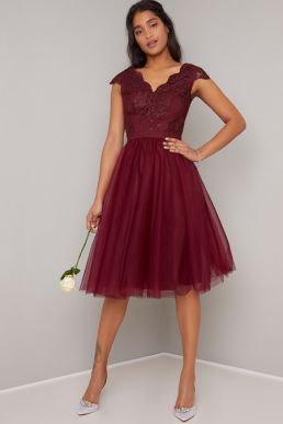 Chi Chi Joey Tulle Short Lace Bridesmaid Dress Red Burgundy