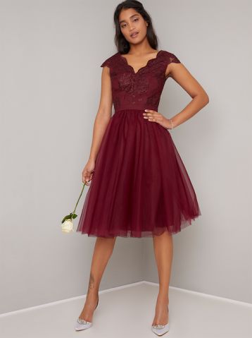 Chi Chi Joey Tulle Short Lace Bridesmaid Dress Red Burgundy