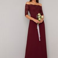 burgundy bardot bridesmaid dress