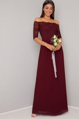 Chi Chi Whitley Lace Bardot Sleeve Pleat Bridesmaid Maxi Red Burgundy