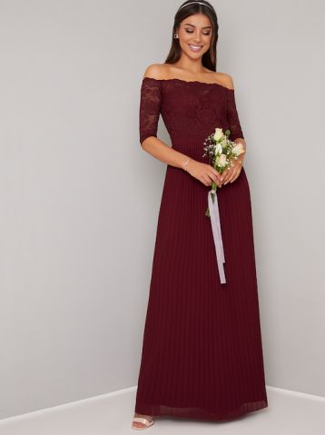 Chi Chi Whitley Lace Bardot Sleeve Pleat Bridesmaid Maxi Red Burgundy