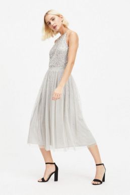 MAYA Cut Out Back Sequin and Tulle Maxi Dress Silver