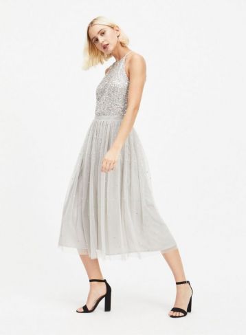 MAYA Cut Out Back Sequin and Tulle Maxi Dress Silver