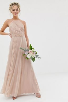 ASOS DESIGN Bridesmaid pinny maxi dress with ruched bodice soft blush pink