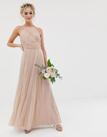 ASOS DESIGN Bridesmaid pinny maxi dress with ruched bodice soft blush pink