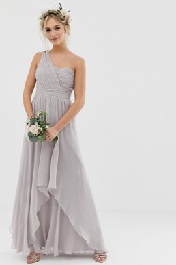 ASOS DESIGN Bridesmaid soft layer maxi dress with one shoulder pleated bodice Dove grey