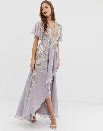 ASOS DESIGN dipped hem maxi dress with 3D embelishment and ruffle sleeve lilac