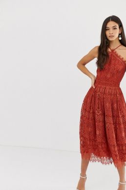 ASOS DESIGN lace midi dress with pinny bodice Rust Dark Orange