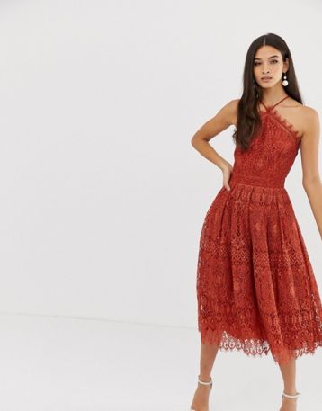 ASOS DESIGN lace midi dress with pinny bodice Rust Dark Orange