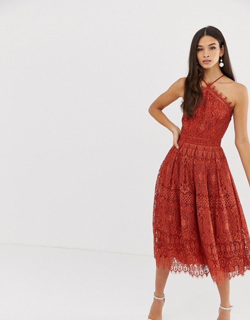 orange lace midi dress