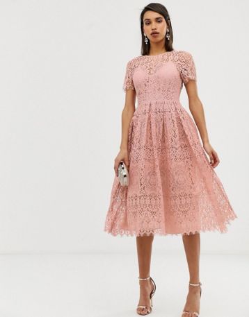 ASOS DESIGN lace midi with ribbon tie and open back Pink Blush