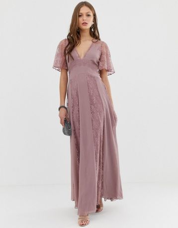 ASOS DESIGN maxi dress with flutter sleeve and all over lace insert blush pink