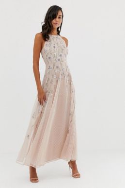 ASOS DESIGN maxi dress with pinny bodice in embroidered dobby Soft Blush