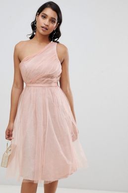 ASOS DESIGN one shoulder tulle midi dress with glitter lining Pink Blush