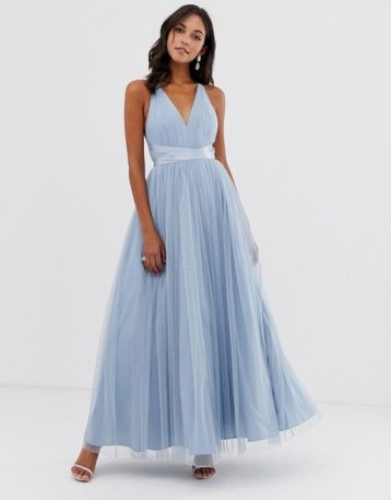 ASOS DESIGN Premium Tulle Maxi Prom Dress With Ribbon Ties Dusky Blue