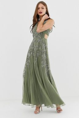 ASOS DESIGN sleeveless embellished maxi dress with cut out waist Khaki Green