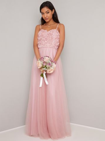 Chi Chi Elia Floral Appliqué Maxi Bridesmaid Dress Pink Blush