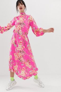 Essentiel Antwerp Sza floral print sleeve midi dress pink multi