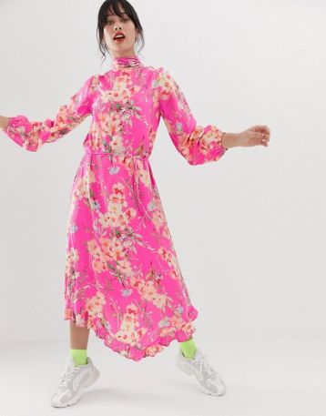 Essentiel Antwerp Sza floral print sleeve midi dress pink multi