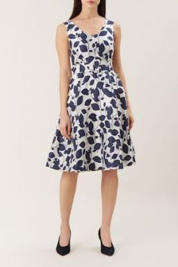 Hobbs Grace Leaf Print Dress Ivory Navy Blue