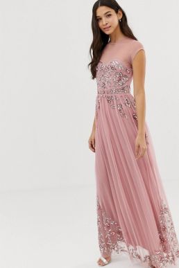 Maya all over premium embellished mesh cap sleeve maxi dress vintage rose Pink