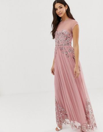 Maya all over premium embellished mesh cap sleeve maxi dress vintage rose Pink