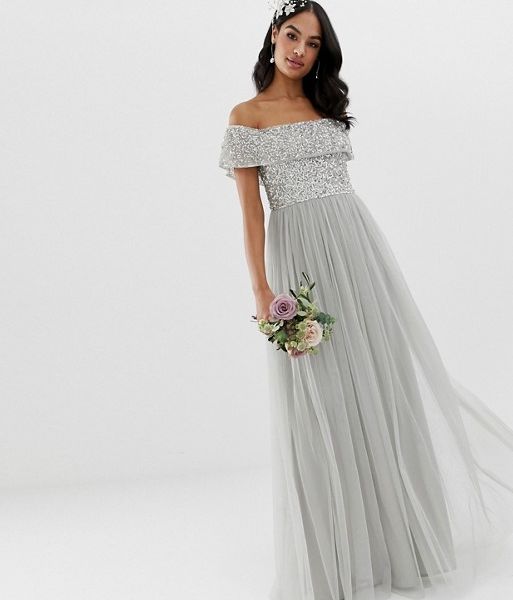 grey bardot bridesmaid dresses