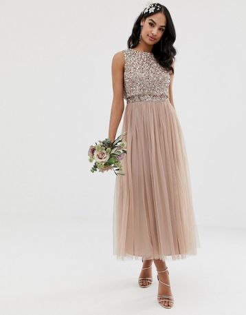 Maya Bridesmaid sleeveless sequin midi tulle bridesmaid dress taupe blush