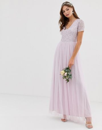 Maya Bridesmaid v neck maxi tulle dress with tonal delicate sequin in soft lilac
