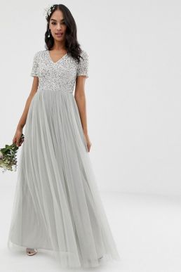 Maya Bridesmaid v neck maxi tulle sequin dress grey silver