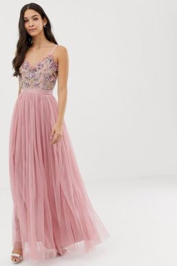 Maya cami strap embellished top tulle detail maxi dress in vintage rose Pink