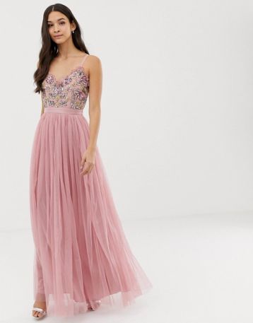 Maya cami strap embellished top tulle detail maxi dress in vintage rose Pink