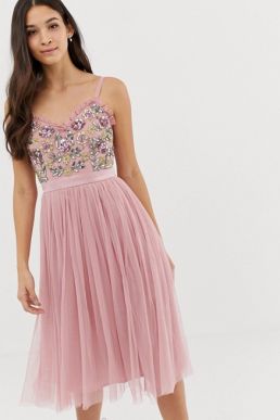 Maya cami strap contrast embellished top tulle detail midi dress in vintage rose Pink