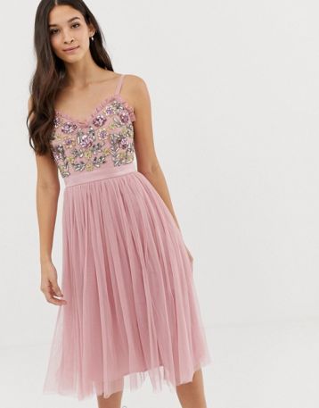 Maya cami strap contrast embellished top tulle detail midi dress in vintage rose Pink