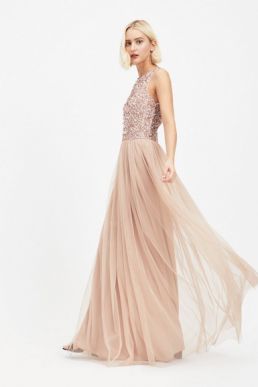 MAYA Cut Out Back Sequin and Tulle Maxi Dress