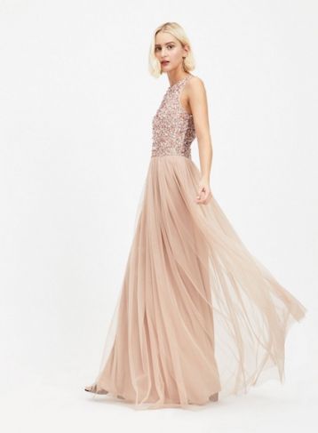 MAYA Cut Out Back Sequin and Tulle Maxi Dress