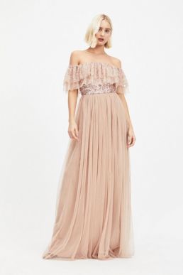 MAYA Pale Pink Bardot Sequin and Tulle Maxi Dress