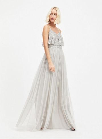 MAYA Silver Layer Sequin and Tulle Maxi Dress