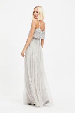 MAYA Silver Layer Sequin and Tulle Maxi Dress