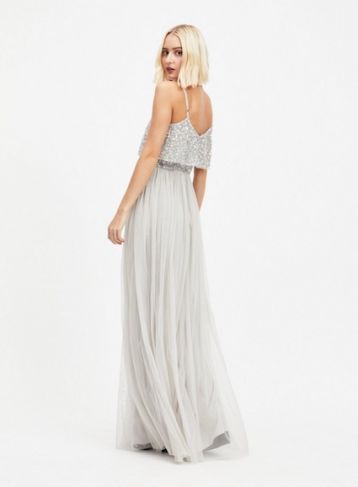 MAYA Silver Layer Sequin and Tulle Maxi Dress