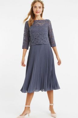Oasis Ellie Lace Top Pleated Midi Dark Grey