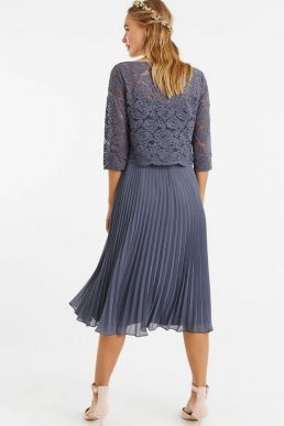 Oasis Ellie Lace Top Pleated Midi Dark Grey
