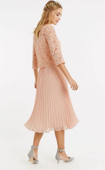 Oasis Ellie Lace Top Pleated Midi, Dusty Pink - Image 2
