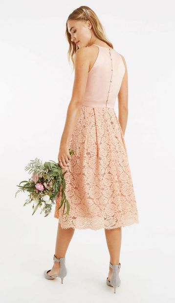 Oasis Satin Bodice Lace Midi Bridesmaid Dress Dusty Pink