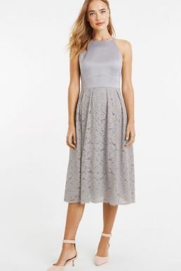 Oasis Satin Bodice Lace Midi Bridesmaid Dress Pale Grey Silver