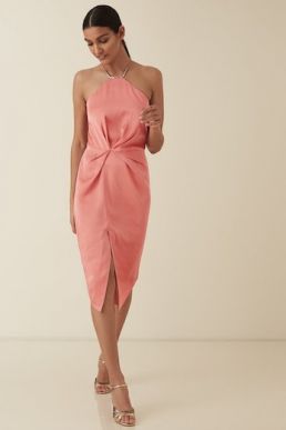 Reiss Paola halter cocktail strappy satin dress Coral Pink Orange