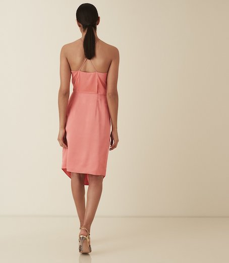 Reiss Paola halter cocktail strappy satin dress Coral Pink Orange