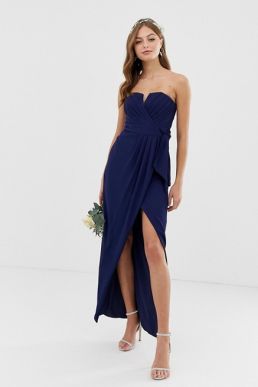 TFNC bridesmaid bandeau wrap maxi pleated dress pleated navy