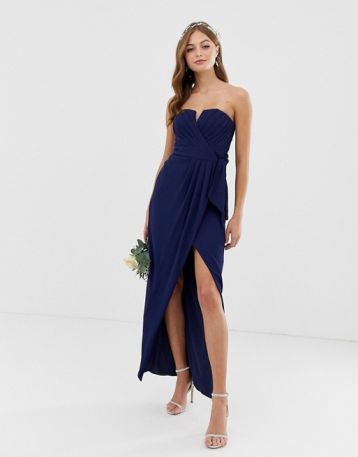 TFNC bridesmaid bandeau wrap maxi pleated dress pleated navy